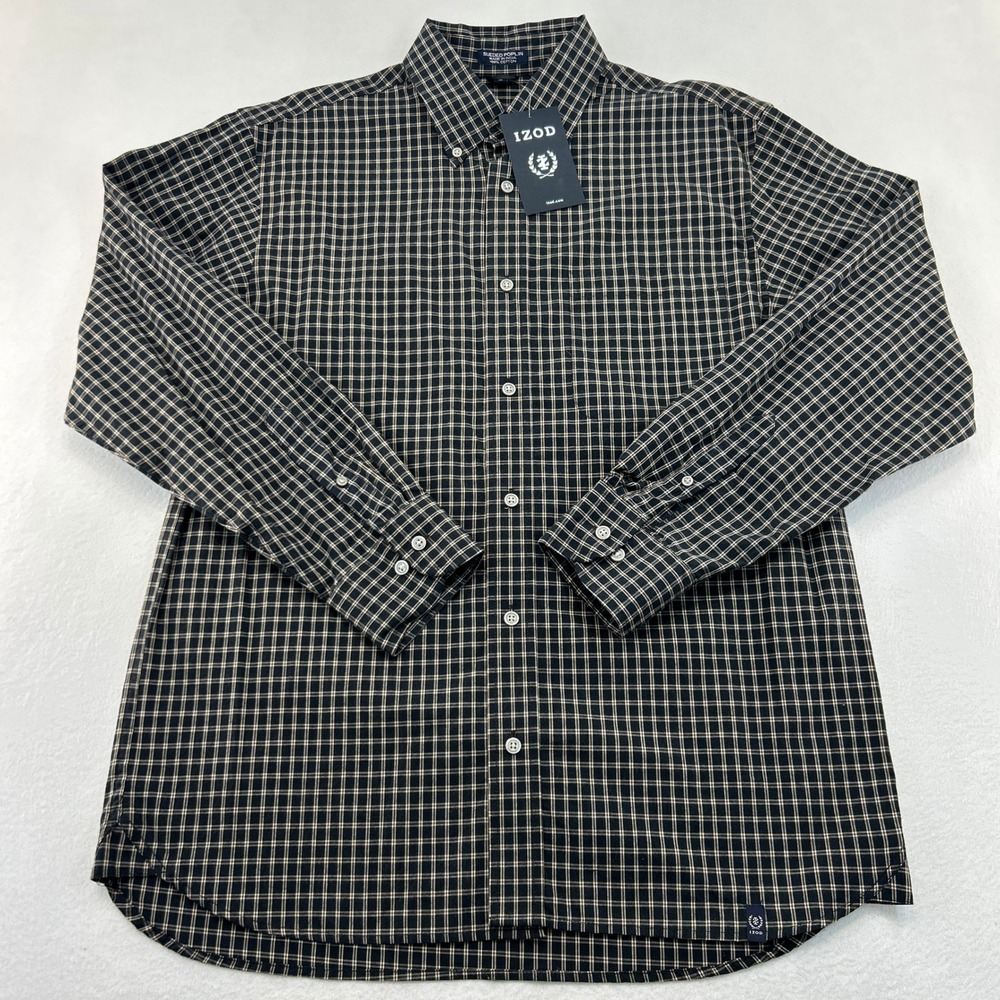 IZOD Mens Sueded Poplin Plaid Button Down Shirt Navy Blue Tan Medium NWT